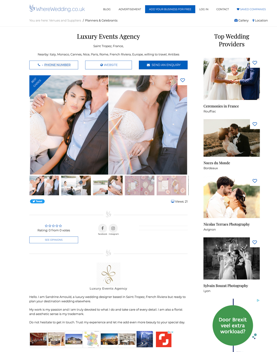 WhereWedding — référencement Luxury Events Agency au Royaume-Uni